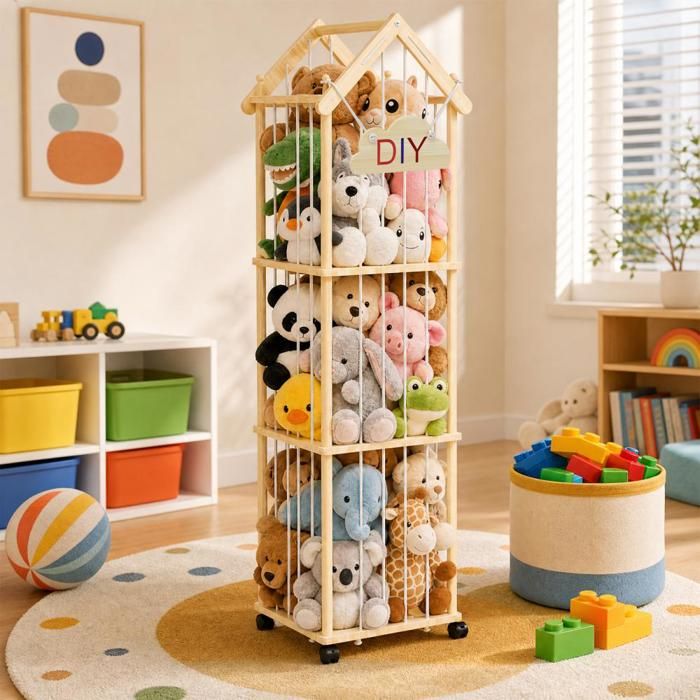 MIPAN.Armoire De Rangement Pour Peluches Modèle À Trois Niveaux Avec Corde Transparente Très Élastique Roulettes 40*40*154cm
