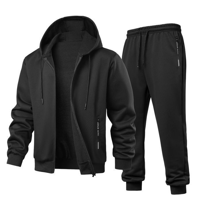 Survêtement Homme Ensemble Veste Sweat Capuche Et Pantalon de Jogging Taille Elastique Couleur Unie Pour Printemps et Automne - Noir