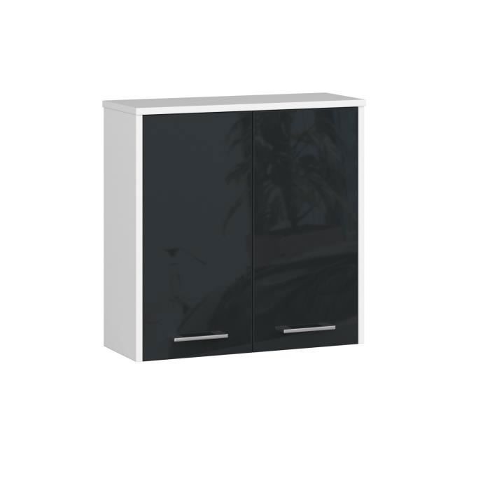 Armoire salle de bains AKORD FIN accr. au mur Blanche 60 cm 2 portes façade Graphite Brillant 2 étagères 60x22 5x60 cm