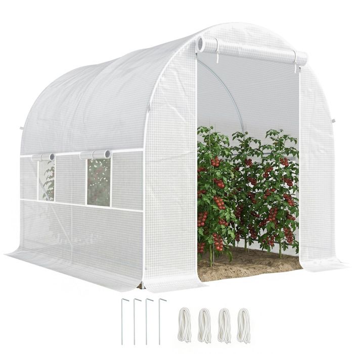 Serre tunnel de jardin - Outsunny - 5m² 245x200x200 cm - porte 4 fenêtres - cadre en métal bâche PE haute densité 140 g/m² - blanc