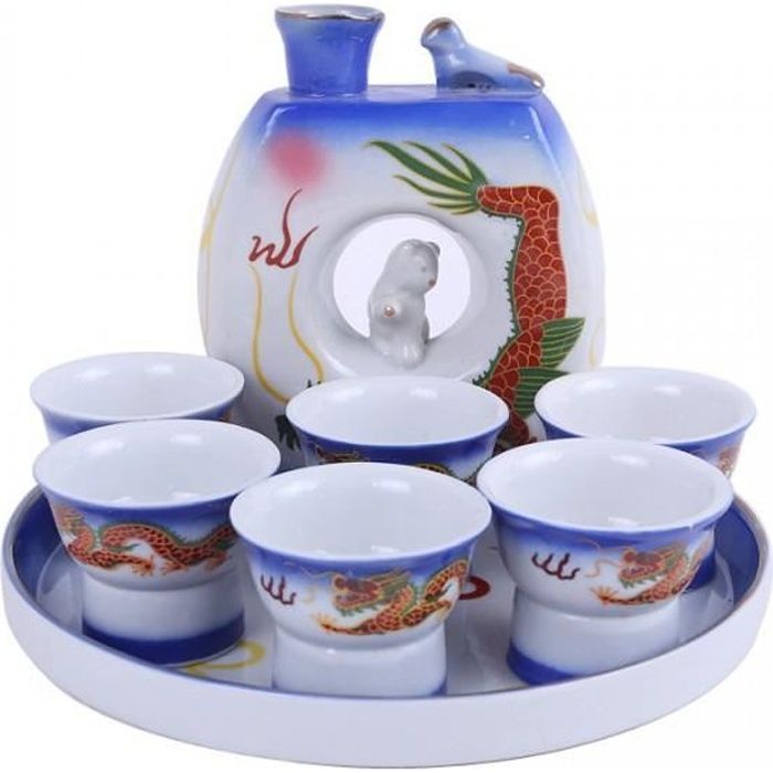 Ensemble à Saké Japonais En Céramique - Ensemble De Tasses à Saké Japonais Traditionnel - Peint à La Main - Porcelaine - Poterie En Céramique - Verres à Vin - Blanc + Prune Bleue - GXBCS 1111