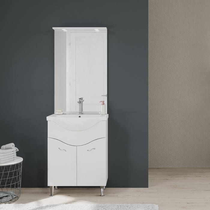 MEUBLE DE SALLE DE BAIN SUR PIEDS 65CM 2 PORTES BLANC BRILLANT MIROIR AVEC LED EASY MEUBLE DE SALLE DE BAIN SUR PIEDS 65CM 2 PORTES BLANC BRILLANT MIROIR AVEC LED EASY