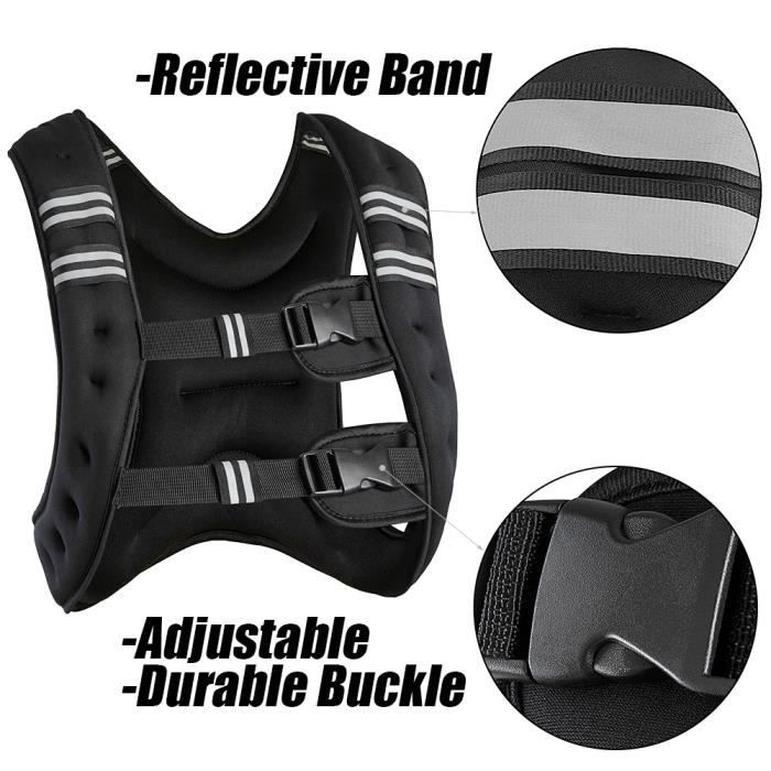 Gilet Lesté Réglable 20kg, Matière Oxford Noir 36x52cm, Pour Musculation, Fitness, Course À Pied