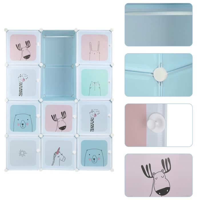 nuo 12 cubes armoires chambre diy penderie plastiques, meuble rangement enfant avec motifs d'animaux (bleu)