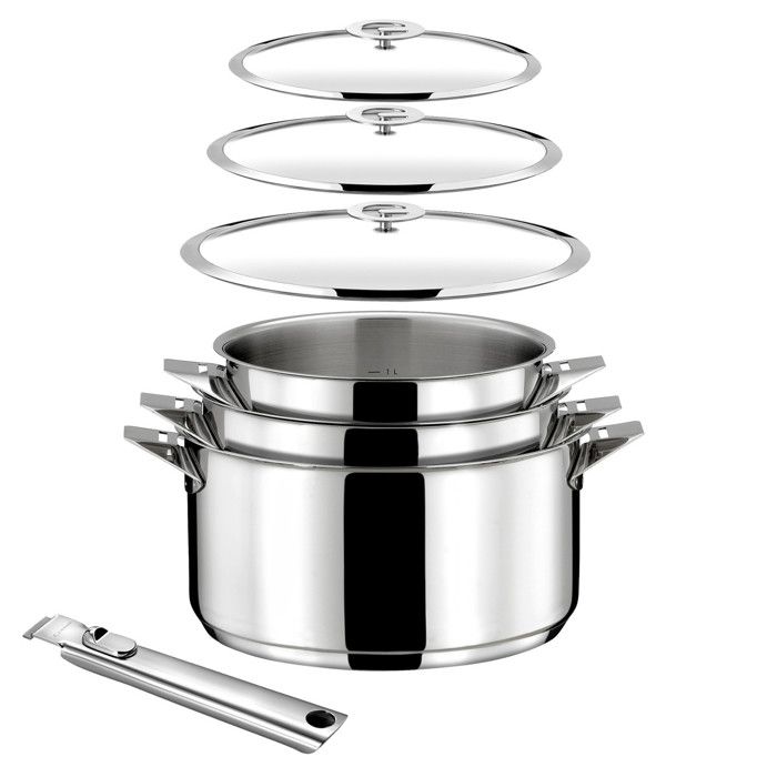 Eclipse - Lot 7 pièces - Casseroles 16 18 et 20 cm 3 couvercles et poignée amovible