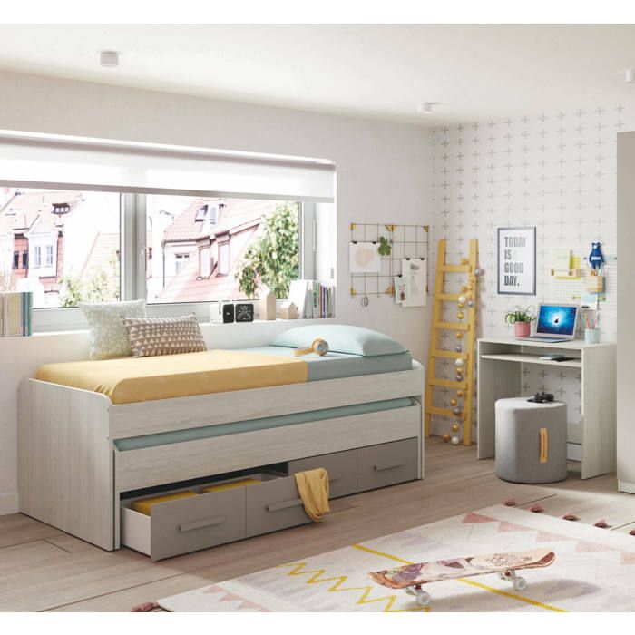 Dmora - Lit enfant Cupidon 198 x 96 x h69 cm blanc marron Panneau effet bois