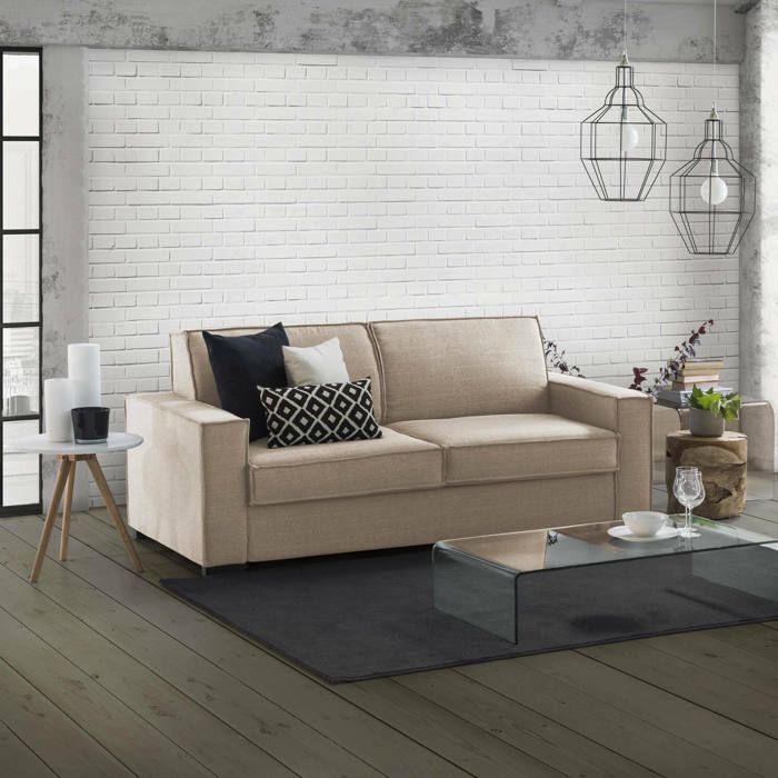 Dmora - Canapé-lit 3 places Addolorata 220x100h95 cm Beige Bois Panneau effet bois et Polyester Dmora - Canapé-lit 3 places Addolorata 220x100h95 cm Beige Bois Panneau effet bois et Polyester