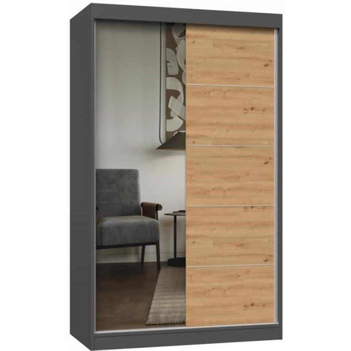 PAOLO - Armoire à 2 portes coulissantes - 1 miroir - Largeur 120 cm - Dressing de chambre 2 portes