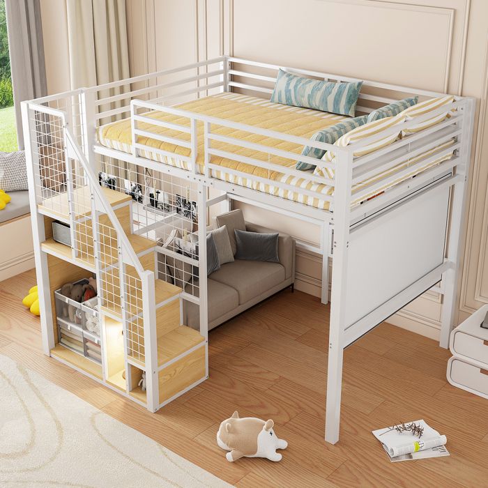 Lit Mezzanine Enfant 140x200 Cm Avec Bureau Et Rangements - Blanc, Pin Massif, Charge Max 120 Kg