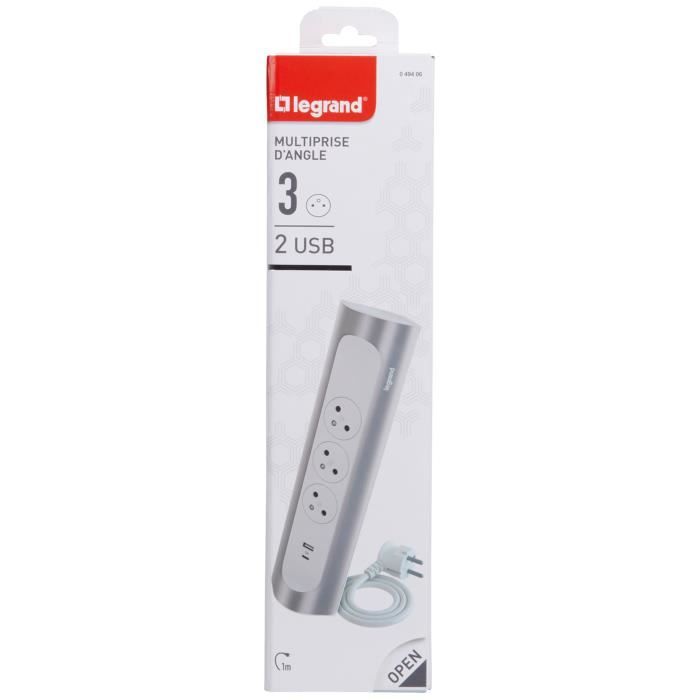 LEGRAND Multiprise FB 3x2P+T corner angle USB A+C 1m 1.5mm² - Alu et blanc