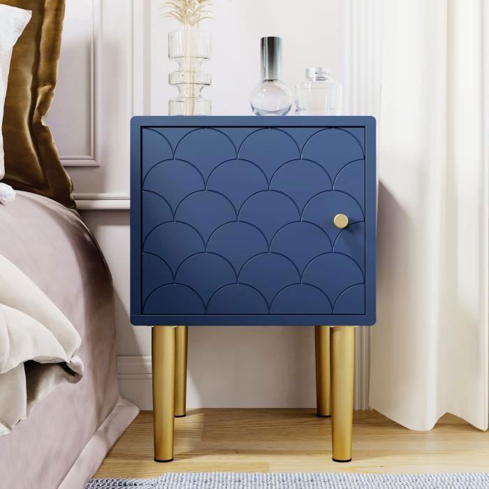 Table de Chevet Table de Nuit dappoint avec Porte Motif Écailles et Pieds Métal Doréspour Chambre à Coucher Bleu marine 35x35x50cm