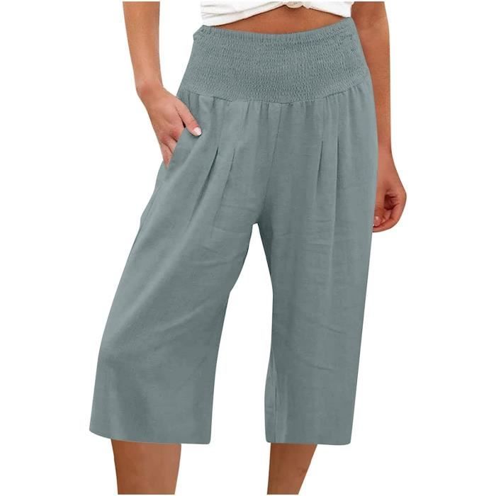 Pantalon Court Femme Été Pantacourt Fluide Jambe en Coton et Lin Pantalon de Jogging léger pour Femme Pantalon de Longueur 3/4 - C