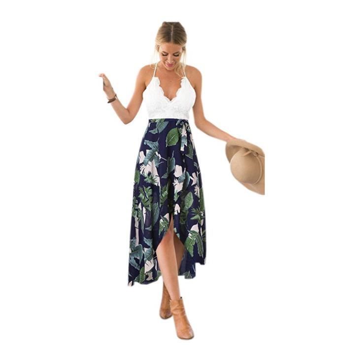 Blooming Jelly Femme Robe Floral Halter Neck V Profond asymétrique avec Dentelle