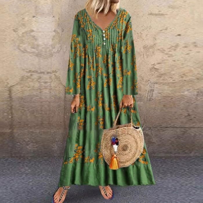 alley Thigh casualties Robe imprimée à grande taille en lin et coton à manches longues et à  manches longues pour femme vert Vert - Cdiscount Prêt-à-Porter