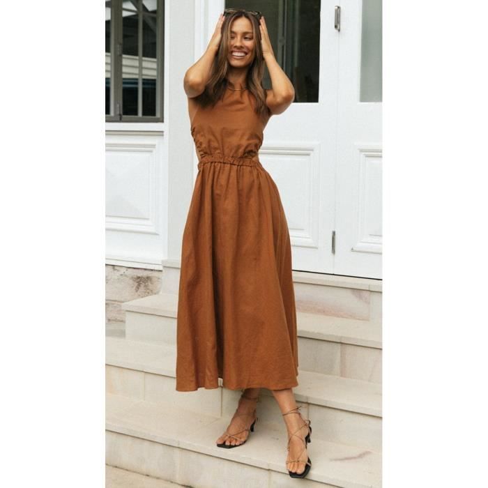 Robe Femme Couleur Solide Sleeveless Round Neck Sexy Backless Longue Robe Marron HAIKEYI Marron Cdiscount Pret a Porter