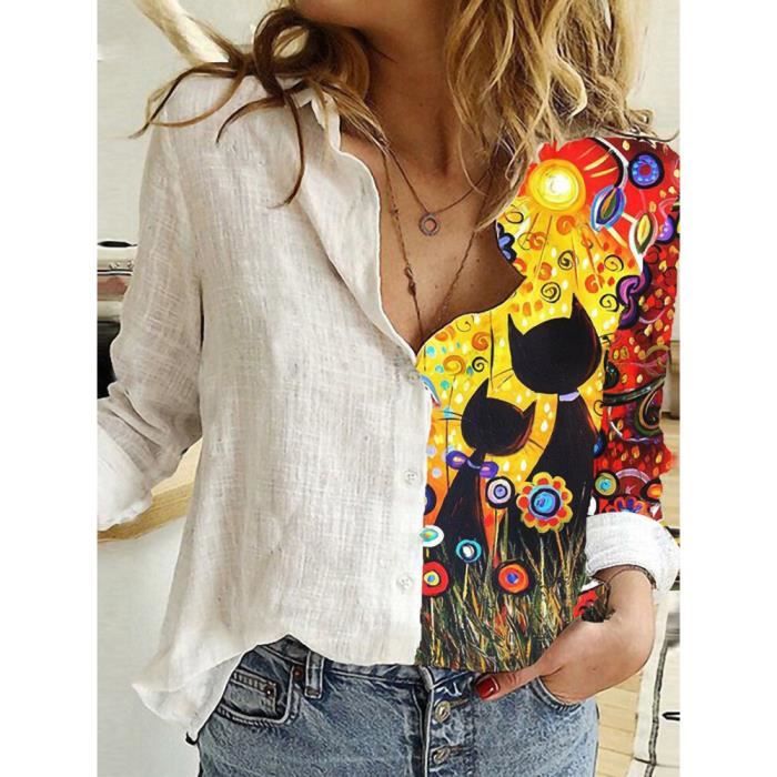 Chemise,chemisier imprimé élégant pour femme, col rabattu, boutons