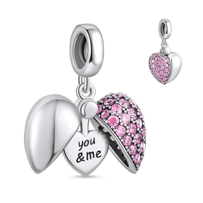 Pendentif coeur en pierre rose en argent sterling 925, bijoux vintage, collier art déco, chaîne Italie, conception de la boîte st869 - France