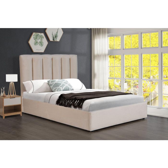 Lit avec coffre de rangement en velours Beige modèles LISA (Taille: 160 X 200 CM)