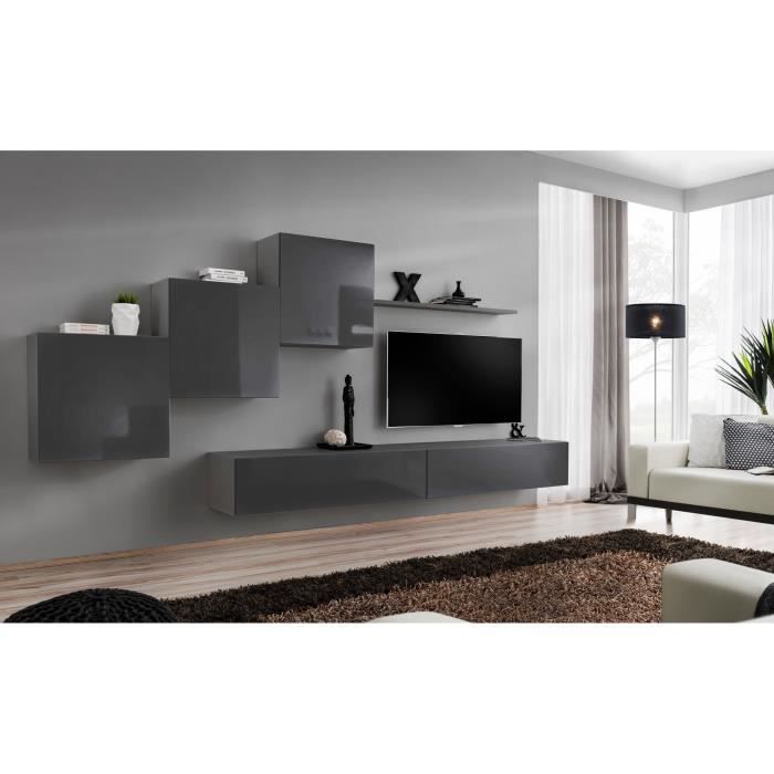 ensemble meuble salon mural switch x design, coloris gris brillant. 40 gris