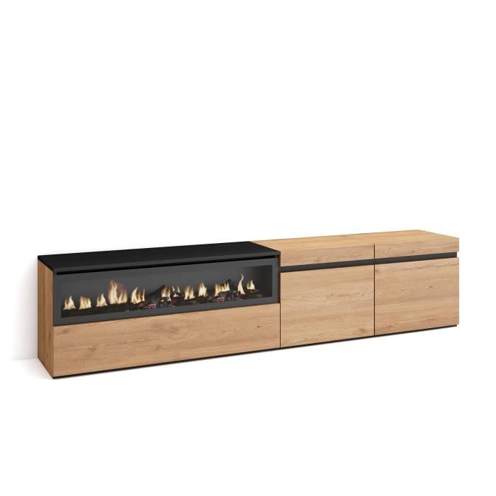 Meuble TV Banc Télé 200x35x45cm Pour les TV jusquà 80 Cheminée électrique Chêne et noir RF2145