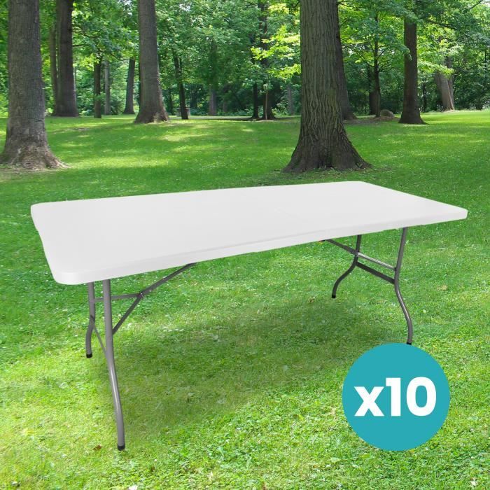 lot de 10 table pliante de jardin 180 cm rectangulaire blanche - table de camping 8 personnes l180 x l74 x h74cm en hdpe haute den