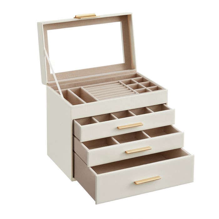 Boîte à Bijoux - SONGMICS - Écrin à Accessoires 4 Niveaux - Couvercle en Verre - Blanc Nuage et Doré