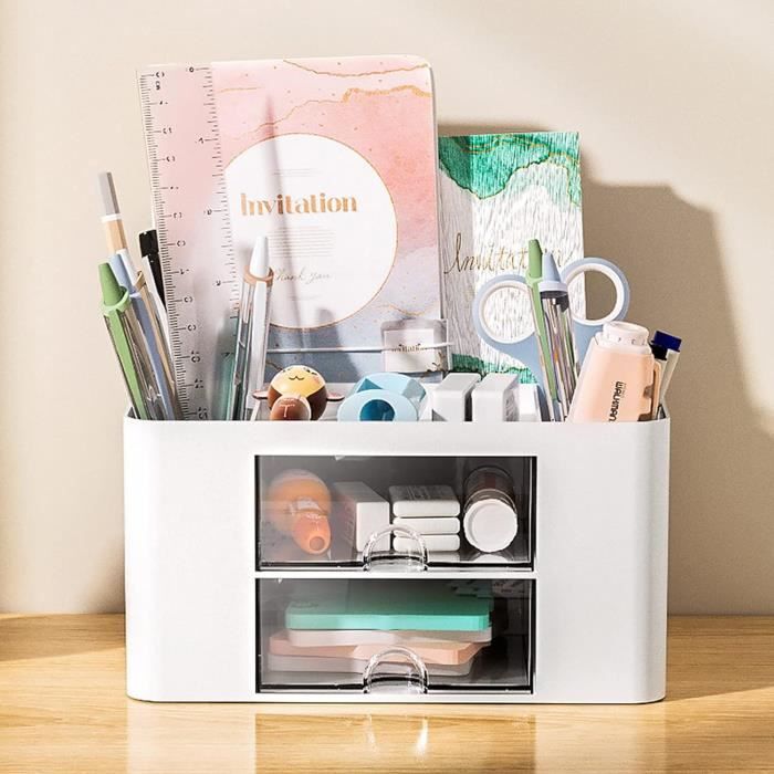 Organiseur De Bureau Blanc Avec Tiroir - PVC - 28x15x25cm - Range Stylos, Fournitures, Maquillage