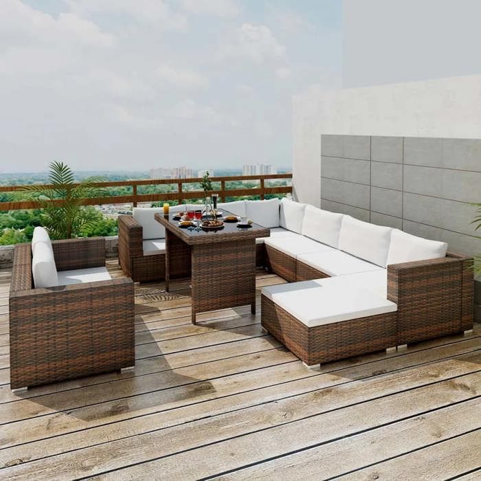 vidaXL Salon de Jardin 10 pcs avec Coussins Meubles de Terrasse Mobilier de Jardin Meubles de Patio Mobilier dExtérieur 41877