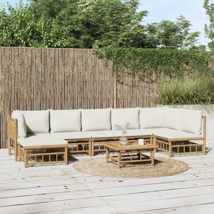 vidaXL Salon de jardin 8 pcs avec coussins blanc crème bambou ensemble de salon ensemble de salon extérieur 3155206 vidaXL Salon de jardin 8 pcs avec coussins blanc crème bambou ensemble de salon ensemble de salon extérieur 3155206