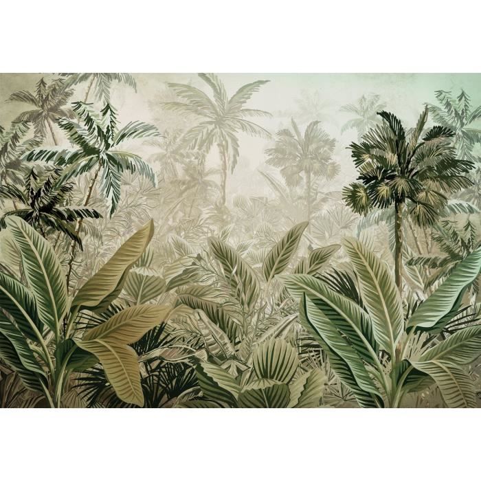 Papier Peint Intissé Lavable Mural Panoramique Vert Jungle Palm- 254x184 cm Tapisserie Photo Non Tissé Muraux Cuisine Chambre Salon