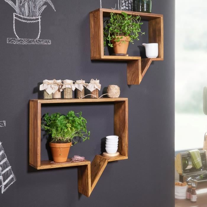 Étagères murales en bois massif Sheesham - WOHNLING - Cubes New - Marron foncé - 50x13x49 cm