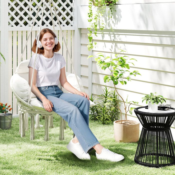 Chaise Suspendue Avec Coussin - Fauteuil Balançoire Franges - Pour Intérieur/extérieur - Crème