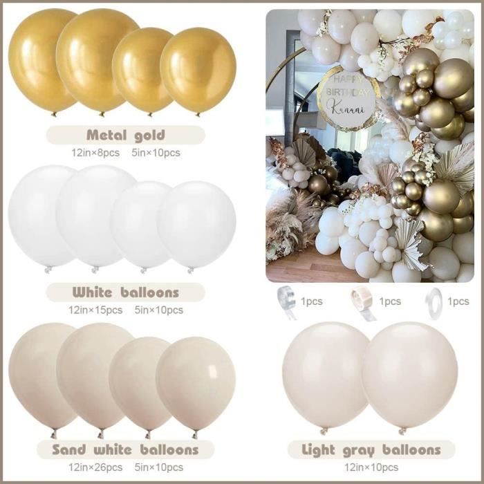 185 pcs Kit Arche Ballon Anniversaire Blancs Sable avec Ballons