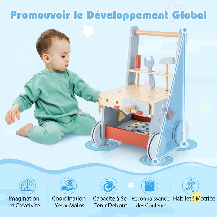 Chariot De Marche Bébé En Bois 9 En 1 - Trotteur Avec Centre D'activités - Pour Enfants à Partir De 12 Mois - Nastopee