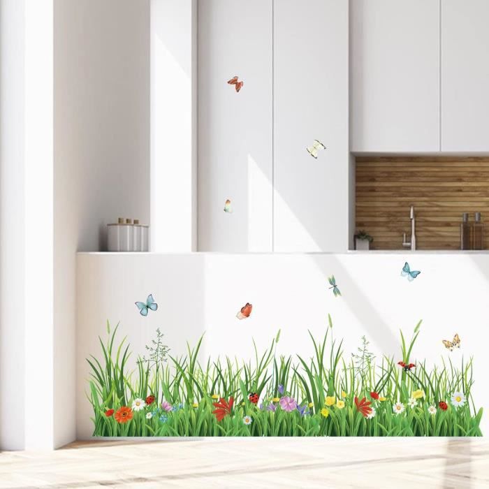 Runtoo Stickers Muraux Herbe Verte Coin Plinthe Autocollant Mural Fleurs Papillon Deco Stickers Chambre Enfants Bébé Salon Décoration