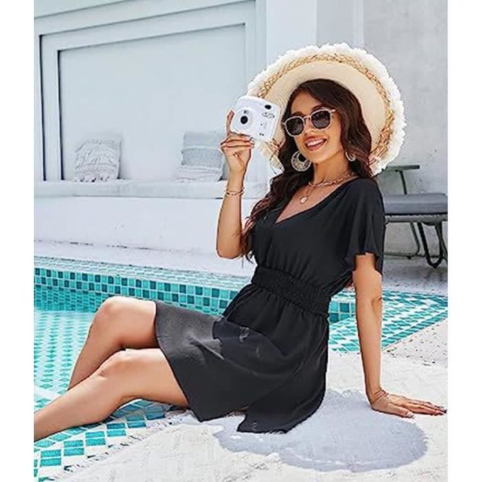 Robe de Plage Femme V Cou Robe Mousseline de Soie Casual Bikini Cache Maillots Mini Robe Plage Elegante Chic Noir Cdiscount Pret a Porter
