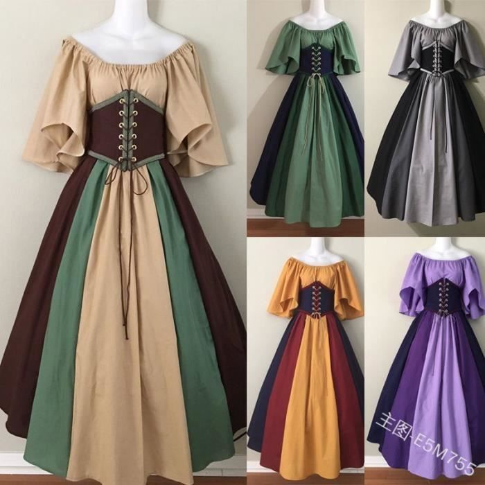 Robe Médiévale Femme - Style Vintage Gothique Renaissance - Manches Flares Longue Maxi - Cosplay Halloween Fête Victorienne