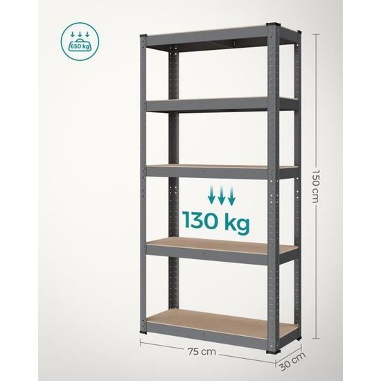 Étagère Rangement Lourde 5 Niveaux 150cm - Charge 875kg - Garage Cave Bureau - Argent
