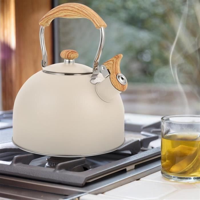 Bouilloire 2.5L Acier Inoxydable - Sifflet - Poignée Bois - Pour Induction/Gaz/Électrique - Blanche