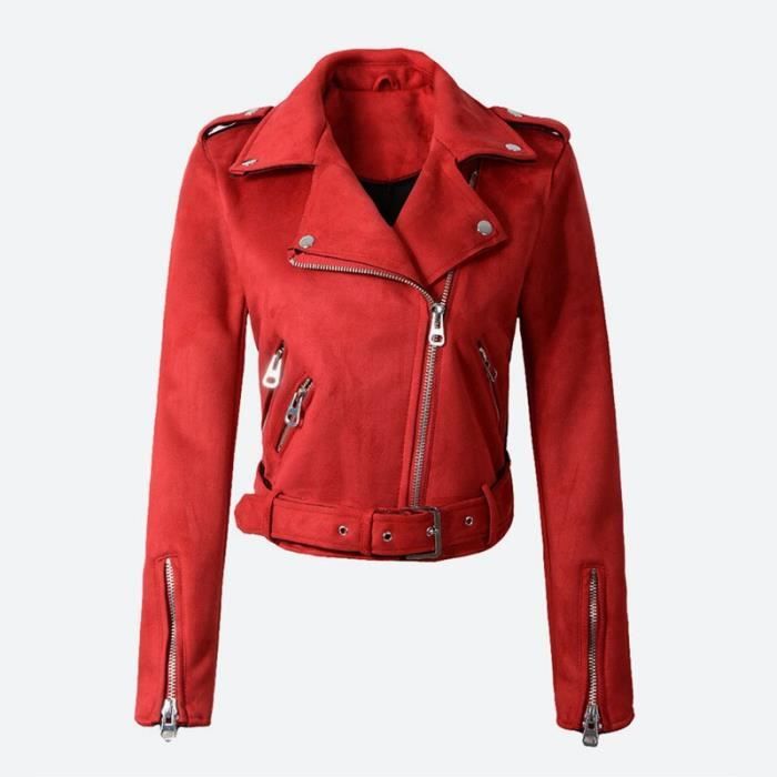 Faux cuir PU daim court femmes veste Multy fermeture eclair moto solide manteau femmes automne hiver rouge Biker vestes femme Noir Cdiscount Pret a Porter