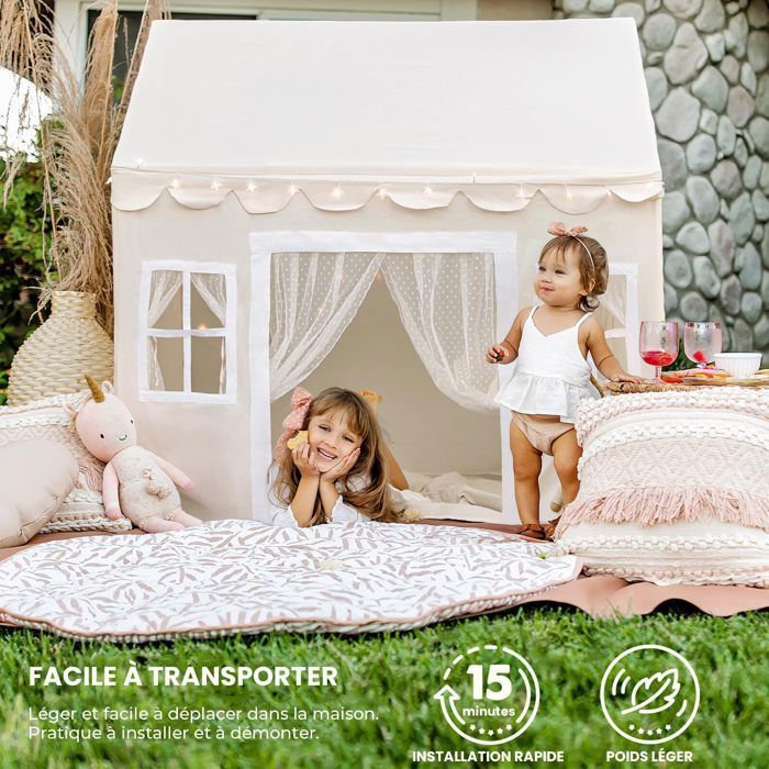Tiny Land Tente De Jeu Enfants Château De Princesse Avec Tapis + 4m Guirlande Lumineuse - 133x90x136 Cm, Intérieur/Extérieur 3-13 Ans