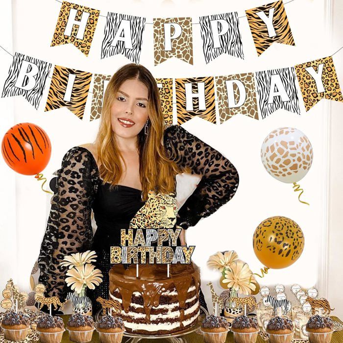 Kit Déco Anniversaire Guépard – 28 Pièces – Ballons, Bannière, Décos Gâteau Et Cupcakes – Thème Léopard Pour Fête Enfant