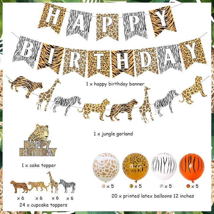 Décorations D'anniversaire Guépard Avec Bannière « Happy Birthday », Ballons Léopard, Nappe Imprimée Léopard Safari Pour Fête Prénatale Garçon Fille