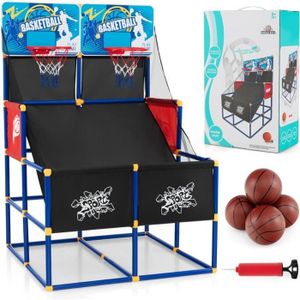PANIER DE BASKET-BALL GYMAX Jeu d'Arcade de Basket-Ball à Double Tir avec 2 Panneaux de Fond, 4 Ballons et 1 Pompe de Gonflage, Intérieur pour Enfants