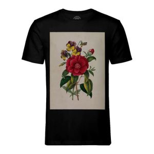 T-SHIRT T-shirt Homme Col Rond Noir Camelia Planche Illustration Botanique Ancienne Fleurs