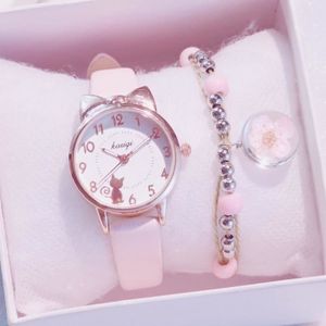 MONTRE Coffret Montre Fille et Bracelet Fille - Cadeau pour enfants - Chat jolie quartz etanche rose