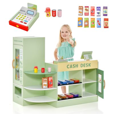 DREAMADE Marchande Enfans, Jouet Supermarché Bois Avec Caisse Enregistreuse Tableau Noir Distributeur Automatique Machine A Cafe Four Et 30 Accessoires