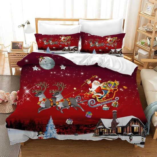 Housse De Couette Noël 220x240cm Avec 2 Taies D'oreiller - Motif Père Noël, Cerfs, Arbre De Noël 3D - Microfibre Douce - 2