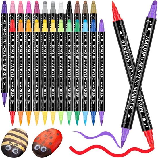 24 Feutres Acryliques Double Pointe – Pinceau Souple + Fine 1 Mm – À Base D’eau, Séchage Rapide – Pour Bois, Verre, Céramique, Pierre, Toile – Loisirs Créatifs Adultes & Enfants