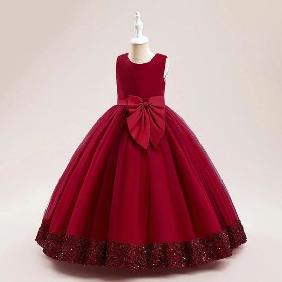 Robe De Princesse Fille Longue Sans Manches Robe De Soirée Mariage Tulle Avec Ceinture Noeud